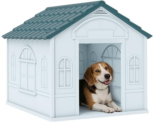 PawHut Caseta para Perros Medianos 65x75,7x63 cm, Casa para Perros con Patrón de Ventana, Techo de Tejas de Imitación, para Interior y Exterior, Azul Verdoso y Blanco