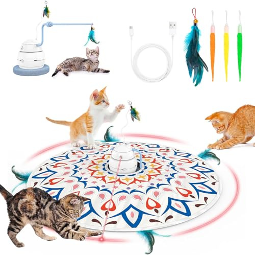 Lopxenu 4-in-1 Interaktive Katzen Spiele, Verbessertes Motor, Automatische Katzenspielzeug - 3 Modi für Innenkatzenspielzeug, Elektronisches Katzenfederküchen Spielzeug (Orange)