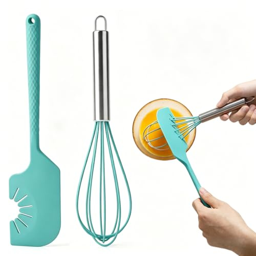 ZAKTUS Set da Cucina 2 Pezzi con Spatola in Silicone e Frusta - Spatola con Rientranza Speciale per Rimuovere Facilmente l'Impasto dalla Frusta, Lavabile in Lavastoviglie (Blu)