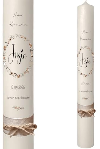 Taufkerze Kommunionkerze Blumenkranz -Josie- Natur - personalisiert mit Name und Datum | Verschiedene Kerzengrößen | Kommunionkerze für Mädchen Schlicht | Modern