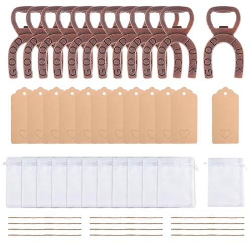 Xjdzineq Set apribottiglie a ferro di cavallo portafortuna per sposa, 12 pezzi, bomboniera con corda di carta, regalo per ospiti, apribottiglie a ferro di cavallo