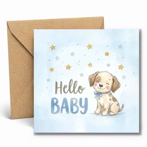 Edition Seidel Premium carte de naissance carrée avec enveloppe. Carte de vœux naissance bébé garçon Hello chiot (EQ201 SW026)