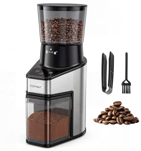 COSTWAY Molinillo Café Eléctrico, 60 Ajustes de Molido, Acero Inoxidable | Molino Café Cónico, Temporizador 1-60s, Selección 1-8 Tazas y Cepillo, Coffee Grinder Antiestático