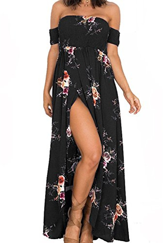GREMMI sommarklänning dam blommor maxiklänning axelfri aftonklänning klänning party axel klänning chiffong klänning – gr. 42 (XL) ,svart