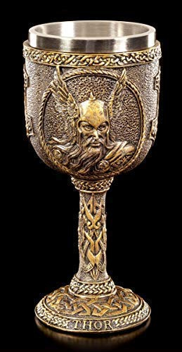 Figuren Shop GmbH Wikinger Kelch mit Edelstahl-Einsatz - Nordischer Gott Thor | Fantasy Dekoartikel, handbemalt