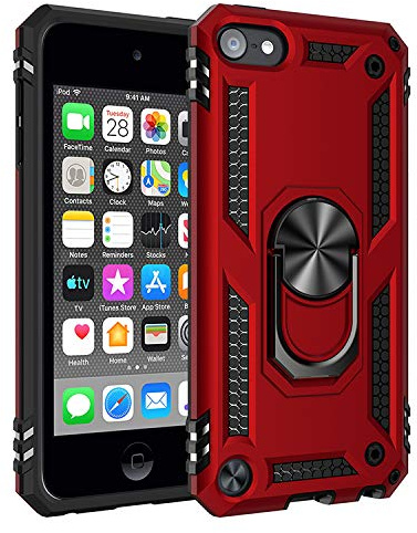 BestST iPod Touch 5/6/7 Hülle für Apple iPod Touch 5/6/7 Schutzhülle + Displayschutz 360 Grad Drehbar Ringhalter mit Magnetischer Handyhalter Auto Handy hülle- Rot