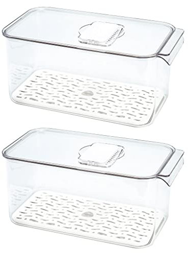 SANNO Produce Saver Kühlschrank-Organizer-Behälter mit Deckel und herausnehmbarer Ablaufschale, stapelbare Gefrierschrank-Behälter für Küche, Produkt von Obst und Gemüse (2 Stück)