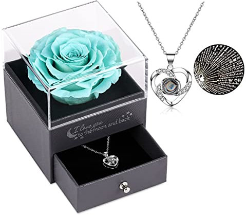 Geschenke für sie konservierte echte Rose Schublade Ewige handgemachte konservierte Rose mit Halskette 100 Sprachen Geschenk, verzauberte echte Rose Blume zum Valentinstag Muttertag (Wasserblau)