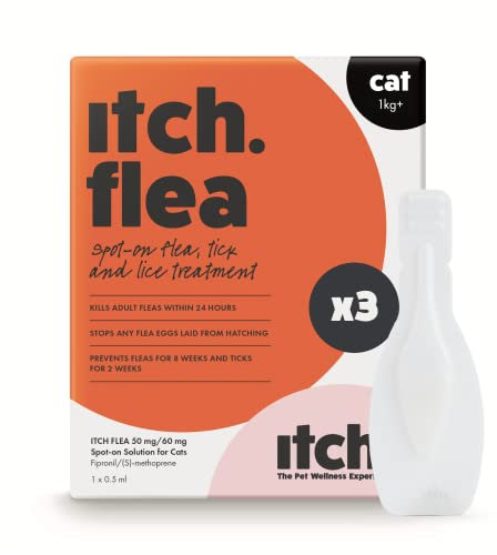Itch Cat Flea & Tick Spot-On Treatment (1kg+) - Kills Fleas, Ticks, Lice & Eggs to Prevent Reinfestation - 3 Easy-Apply Pipettes