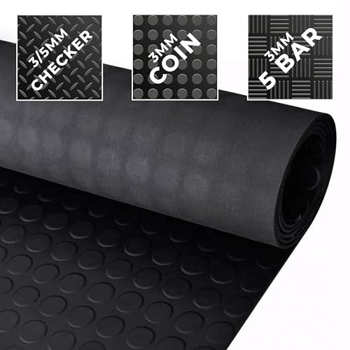Trident Distributions Rubber Flooring Coin/Checker/5 bar Anti Slip Shed Van Garage Workshop Black Matting Roll - Multiple Style & Size, 1m x 1.5m