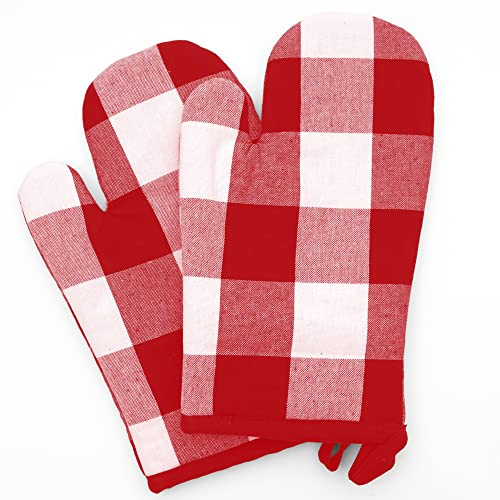 Juego de guantes de horno – 2 guantes de horno a cuadros rojos de algodón 100 %, práctico juego de guantes de cocina resistentes al calor