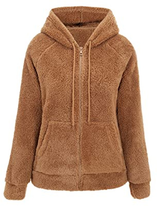 RISISSIDA Women Sherpa Jacket Faux Fur Fleece Short Coat with Hood Fall Spring Fuzzy Fluffy Furry Plush Lightweight Transitional Zip Up Hoodie Camel L