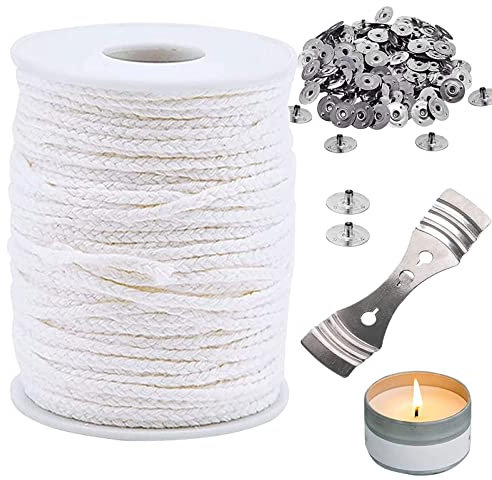 61M Rotoli di Stoppini Candele, Kit per Candele con 100 Base Schede e 1 Porta Stoppino, Stoppino per Candela per Fabbricazione di Candele Fai-da-Te
