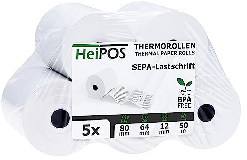HeiGroup - HeiPOS 5 Thermorollen mit SEPA/Lastschrift - Mandat - 80 mm x 50 m - 55 g/m² Papier