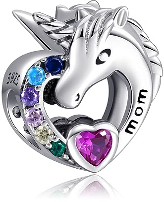 NINGAN 925 Sterling Silber Herz Einhorn Mum Charms Perlen Farbige Zirkon-Anhänger Geeignet für Damen Armband Halskette, Mutter Muttertag Geschenk
