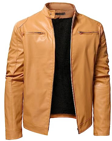 YUDATPG Giacca da uomo in pelle sintetica PU bomber moto slim fit soft touch classico colletto casual con cerniera cappotto spesso caldo antivento giacca a vento termica peluche, cachi, XL