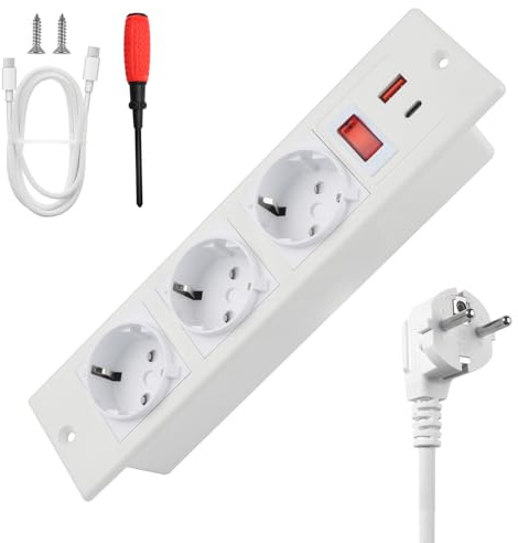 BlueXP Prise Encastrable de Table avec Ports USB-A et Type-C Multiprise Intégrée 3 Prises avec Câble d'alimentation 1,5m et Câble Type-C - Prise de Cuisine Multiprise pour Meuble ou Bureau Blanc