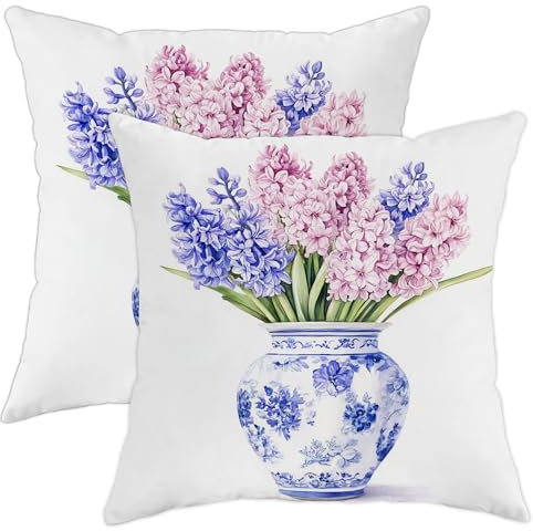 Juego de 2 fundas de almohada de jacinto de primavera, fundas de almohada de jarrón de flores de melocotón azul, decoración cuadrada floral para sofá, cama, cojines de decoración de casa de campo al