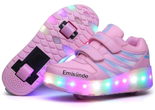 Emisünde Kinder Rollschuhe, Doppel-Rad Mädchen Atmungsaktive LED Leucht Schuhe USB Aufladbare Outdoor Sport Skates(33 EU)