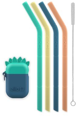 Ello Impact 6-Pack Reusable Silicone Straws with Fold & Store Carry Case, Portable Drinking Straw for Party Travel Cruise Ship, Includes Straw Cleaning Brush, Dino