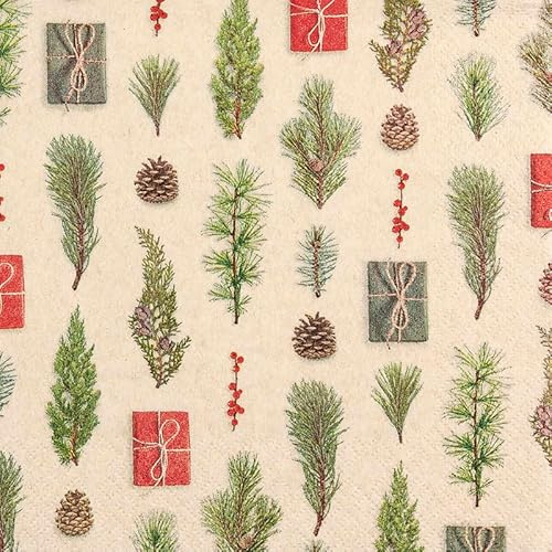 Home Fashion 20 Servietten aus Recycling-Papier Weihnachten Geschenke und Zweige als Tischdeko. Papierservietten, umweltfreundlich mit Motiv. Auch für Decoupage und Serviettentechnik 33x33cm
