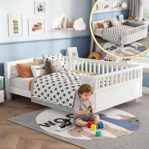 MoproBeti Full Size Bed Frame Kids with Rails, Wood Montessori Bed with Slats Support, Modern Daybed with Detachable Side Bed Rails for Boys Girls Bedroom,Low to Ground Design, White