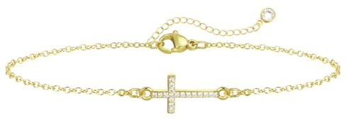 Emibele Bracciale a croce d'argento per donne, catena a croce regolabile placcata in oro 14 carati, braccialetto a croce d'argento liscio e delicato, regalo religioso per battesimo cristiano e fede