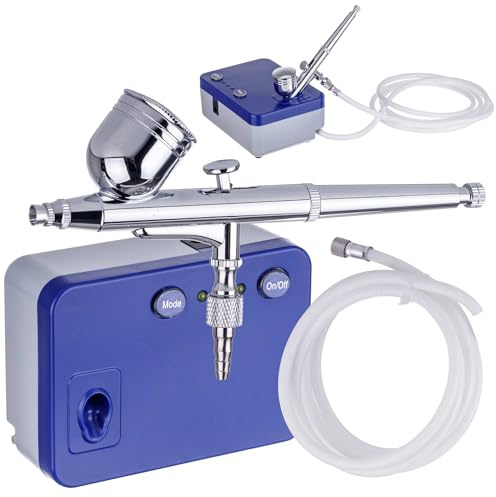 TC TECHNIC - Airbrush Set - mit Mini Kompressor - zum Modellmalen, Bodypainting, Keramik & Glasbemalung, Ölfreie mit 0,3mm Düse und Double Action Funktion, 1,8m Schlauch, Netzteil, Druckregulierung