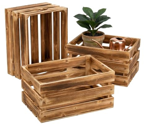 Relaxdays Holzkiste 3er Set, Lagerkisten Vintage, HBT 25x40x30cm, braun | Aufbewahrung, Deko, Vorratskiste geflammt, Holz