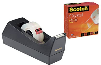 Scotch Dispenser per nastro adesivoC38 nero + Nastro adesivoCrystal, 1 rotolo, 19 mm x 10 m