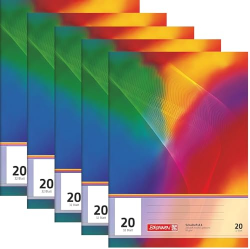 BRUNNEN 5er Pack Schulhefte | A4, Lineatur 20, 32 Blatt, mehrfarbig