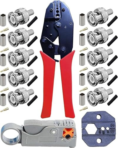 Crimpzange für RG59 - BNC/TNC Ratschen-Crimpzange und Koaxialkabel-Abisolierzange mit 10-tlg BNC-Crimp-Stecker für RG59
