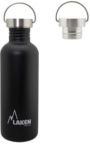 Laken sehr robuste Edelstahlflasche Schwarz mit Deckel Unisex-Botella de Acero Inoxidable Muy Resistente para Adultos, 1 L, Color Negro, con Tapa Vintage 1