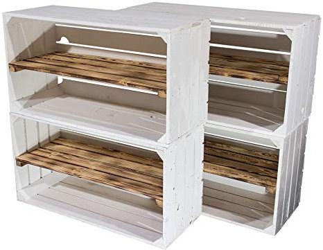 Obstkisten Online 8 Stück Breite weiße Obstkiste mit geflammtem Mittelbrett 68cm x 40cm x 31cm Holzregal quer mit Zwischenbrett Weinkisten klassisch DIY Vintage-Style Gartenmöbel Fach flambiert