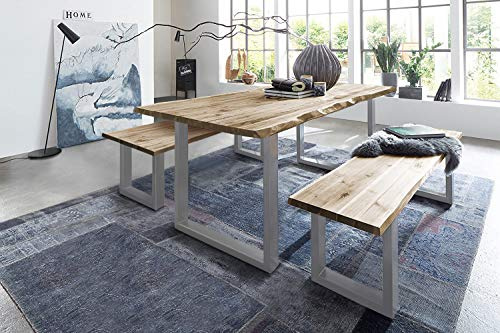 SAM 3tlg. Essgruppe Quintus 120x80 cm, Akazie Natur/Silber, Tisch+2xBank