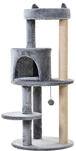 PawHut Kratzbaum 104 cm mit Sisal-Kratzsäulen für Katzen bis 4,5 kg Grau | Katzenbaum mit Katzenhöhle, Spielbällen, Kratzbrett, Katzenkratzbaum