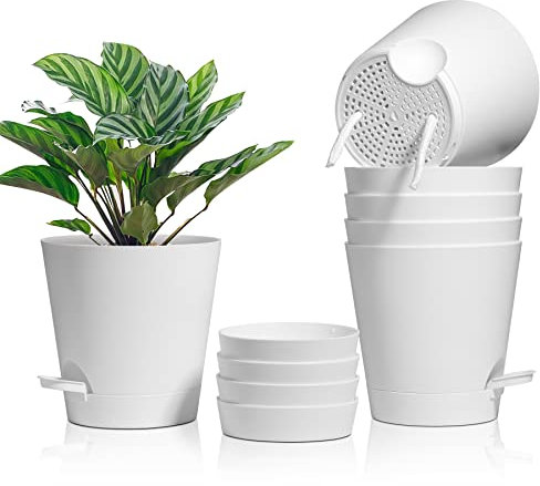T4U 16,5cm Kunststoff Blumentopf mit Bewässerungssystem, 6er-Set Selbstbewässerung Übertopf mit Untersetzer, Rund Pflanzkübel für Innen und Balkon Garten Pflanzen Sukkulenten Kaktus, Weiß