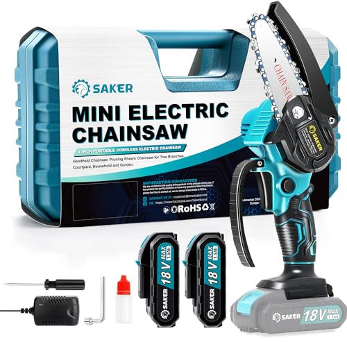 Saker Mini Kettensäge mit Akku 4 Zoll, kabellose elektrisch mit 1 Kette und 2 Batterien, 10 cm mit Sicherheitstaste Einhand, Handkettensäge zum Schneiden von Äste und Garten