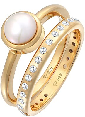 Nenalina Ring Silber 925 Damen vergoldet Silberring Damenring Ring-Set Gold Stapelring mit Süßwasserperle und Zirkonia