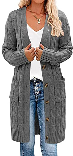 Earnmore långärmad kabelstickad lång cardigan öppen framsida knapp tröja ytterkläder, Mörkgrått, M