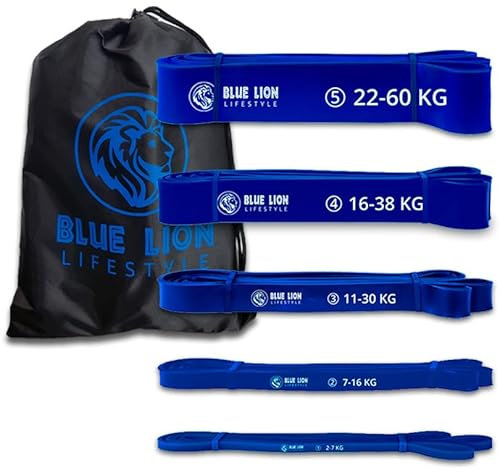 Blue Lion Powerband Set - Fitness Widerstandsbänder Set mit 5 verschiedenen Widerständen - 2-60 KG - Mit Aufbewahrungstasche