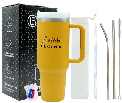 40 oz senapsglas med handtag – 1,1 l mugg – dubbelvägg rostfritt stål vakuummugg – isolerad kopp – reseflaska varm/kalla drycker – plus 2 stålsugrör – av Life's Better