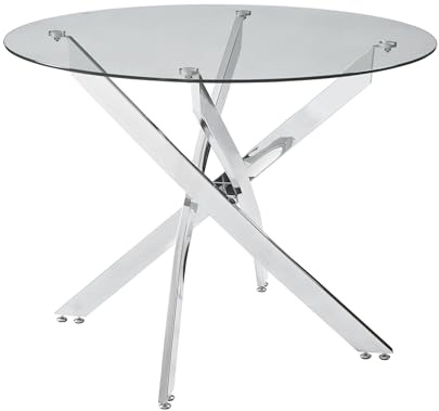 Panana Round Glass Kitchen Dining Table With Silver Chrome Legs Kitchen Table Ideal for Home Restaurants Pub Office (100cm Round)