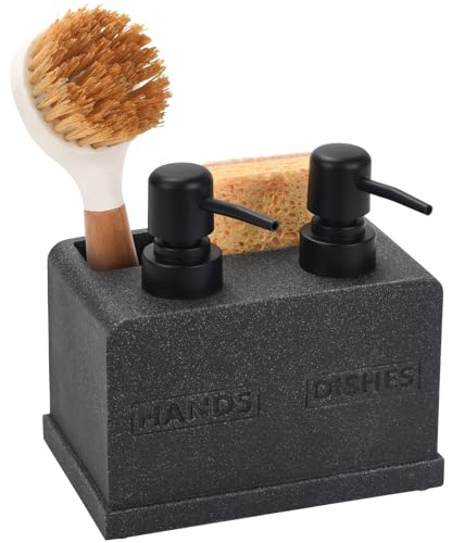 Hand and Dish Soap Dispenser Set, Dual Soap Dispenser with Sponge Caddy and Brush Holder 4-in-1 Countertop Organizer for Kitchen Bathroom, Useful Kitchen Gadgets - Black