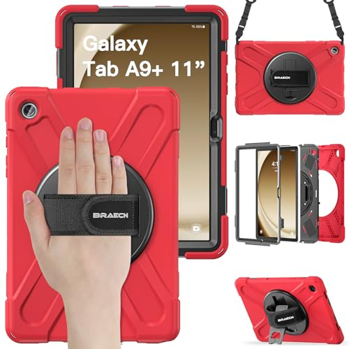 BRAECN Coque pour Galaxy Tab A9+ - Samsung Galaxy Tab A9+ Plus 11” 2023 | Coque anti choc, avec dragonne, bandoulière réglable et support pivotante 360° – robuste, renforcée, travail/outdoor, Rouge