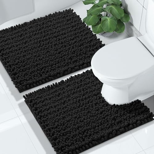 Yimobra Badezimmerteppich Set 2 Teilig, Chenille, rutschfeste Badematte - Luxuriöser Komfort für Ihr Badezimmer, 51 x81 + 43 x 61 cm, Schwarz