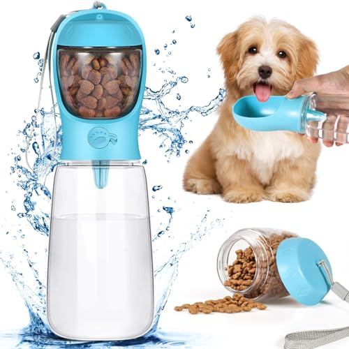 Frasheng 550ml Hundetrinkflasche,inkl. 80g Futterbehälter,Hunde Trinkflasche für unterwegs,Wasserflasche für Hund und Katze,Auslaufsicher,Tragbare Wasserflasche Hund,mit Wasser Rücklaufventil (Blau)