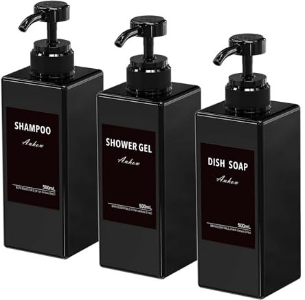 Anhow 3 Pièces 500ml Distributeur Savon, Flacon Pompe Vide Distributeur Gel Douche Rechargeable avec Étiquettes pour Douche et Salle de Bain - Noir