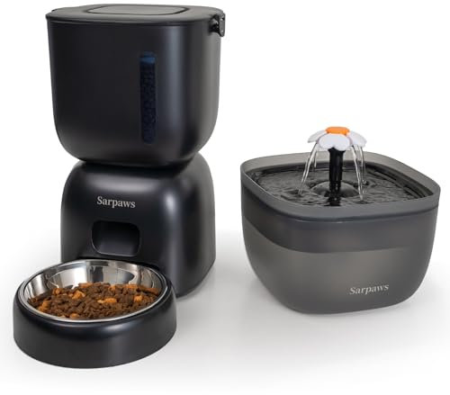 Automatischer Katzenfutterspender und Wasserspender FW1, Draht oder Batterie Katzenfutterspender Timer Pet Feeder - Verriegelbarer Deckel, Trockenmittelbeutel, programmierbare Portionskontrolle