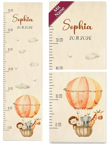 Messlatte Kind Holz - Babymesslatte Tiere im Ballon mit Name Kindermesslatte Löwe I Elefant I Giraffe - 0-60 cm - Holz - kinder 160 tier afrika meßlatte größe eichhörnchen metermaß mädchen